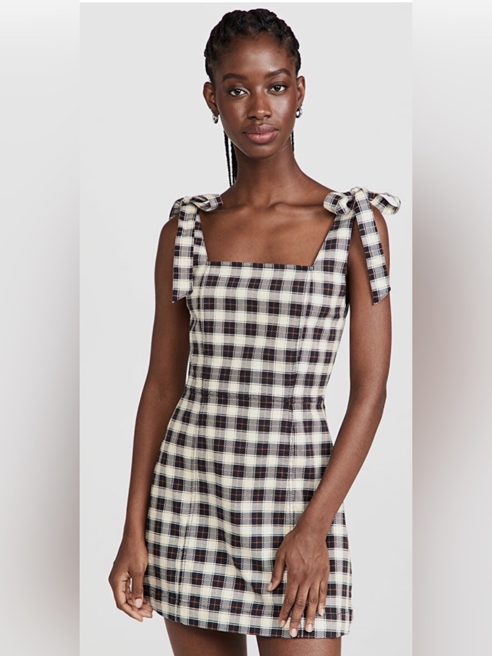 Alice + Olivia Cream & Black Plaid Tie-Shoulder Mini Dress